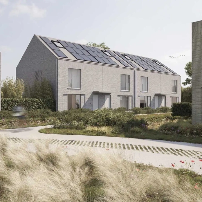 Rijtjeswoningen met PVT-panelen op het dak in Mariakerke