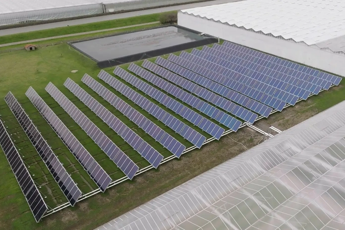 Veld van zonnecollectoren in een weiland, dat gebruikt wordt voor de tuinbouw