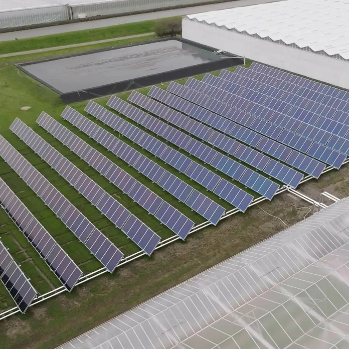 Veld van zonnecollectoren in een weiland, dat gebruikt wordt voor de tuinbouw