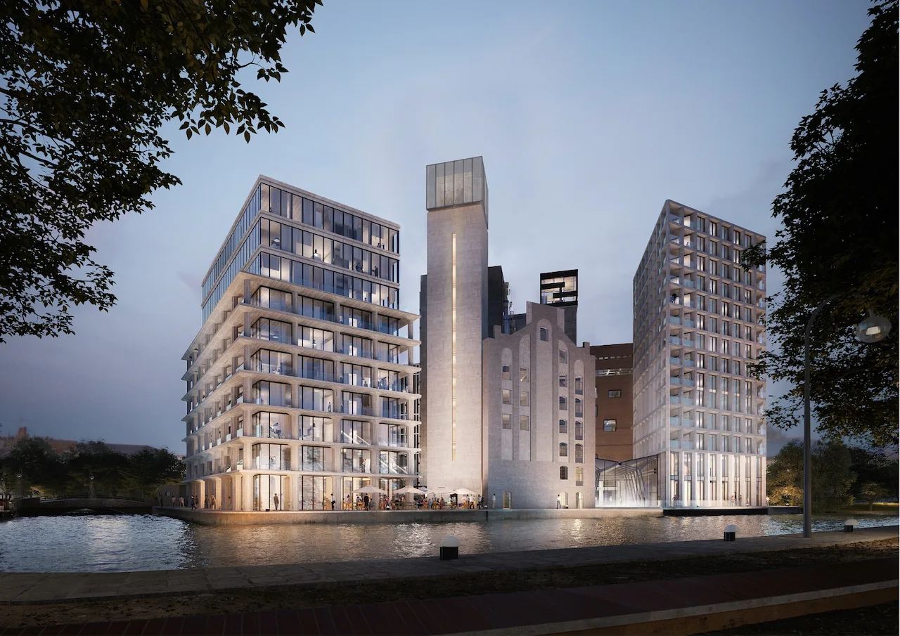 Visualisatie van binnentuin bij gerenoveerd gebouw in Leiden