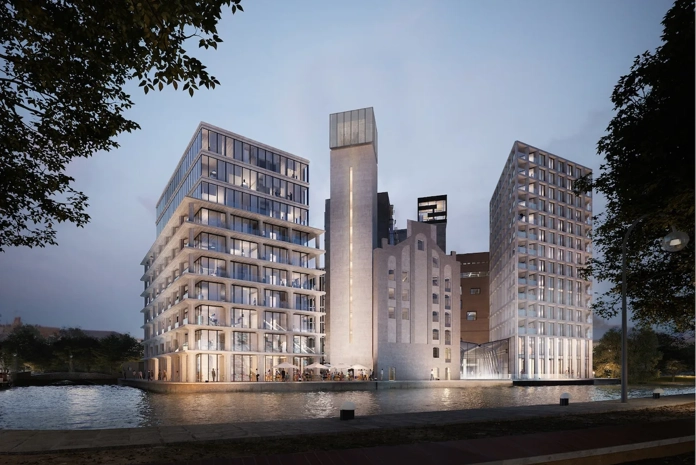 Visualisatie van binnentuin bij gerenoveerd gebouw in Leiden