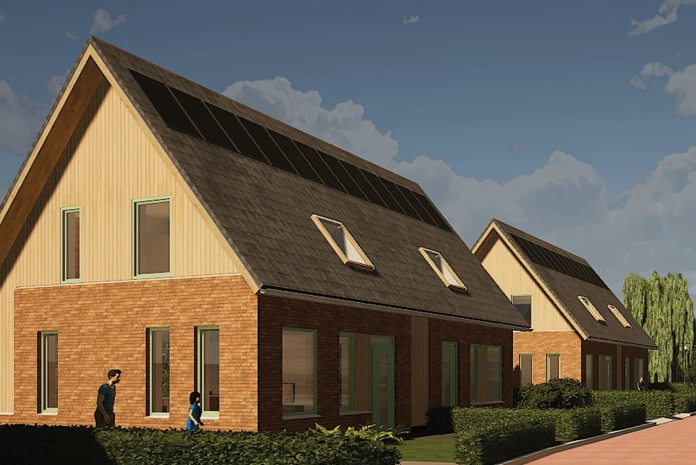 Luchtfoto van woonwijk met PVT-installatie op nieuwbouwwoningen in Oosthem