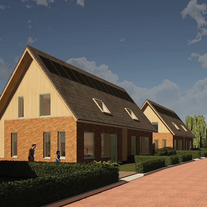 Luchtfoto van woonwijk met PVT-installatie op nieuwbouwwoningen in Oosthem