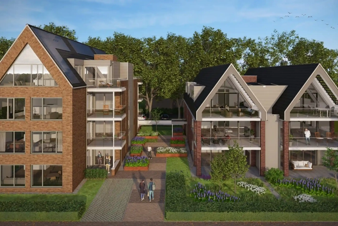 Luchtfoto van nieuwbouw appartementen met PVT-panelen in Twello