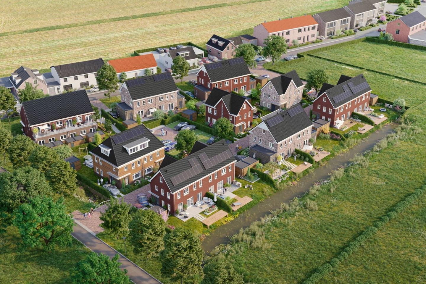 Bovenaanzicht van huizen met HR energy PVT-panelen op een schuin dak